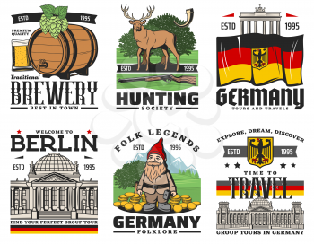 Germany travel vector icons, Berlin sightseeing city tours and Munich Oktoberfest traditional beer brewery festival. Germany folklore legends, hunting society, travel agency tours