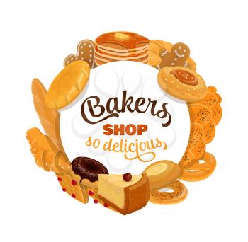 Baked desserts, cakes and buns, bread and cheesecake, wheat toasts and try bagels, croissant, chocolate donut and pancakes, waffles and gingerbread cookie. Bakery shop and patisserie