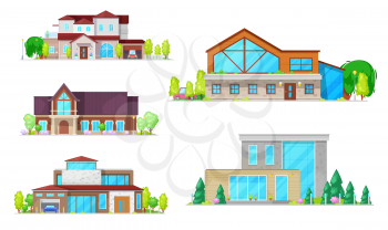 Private houses, villas and mansion buildings, real estate vector flat icons. Family houses and cottages, townhouse property, luxury duplex apartments with garage and garden