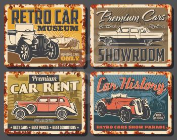 Retro cars and vintage vehicles, vector rusty signs and metal plates. Premium cars rent, classic showroom, retro transport museum exhibition and show parade, garage station posters with rust