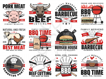 Barbecue grill party and butchery meat vector icons. Burger house, charcoal BBQ grill time and picnic party, pork and beef steaks on fire flames, butcher cutlery knife and fork