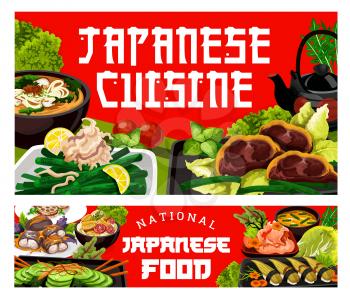 Japanese cuisine traditional food dishes. Japanese sushi nigiri, wakame udon noodles soup, curie no sumono and marinated pork with sesame and ginger. Japan cuisine restaurant vector banner and menu