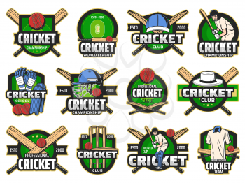 Cricket sport club and team icons. Cricket sport player equipment bats and red balls, field and helmet for professional game. Emblems and championship cup vector icons