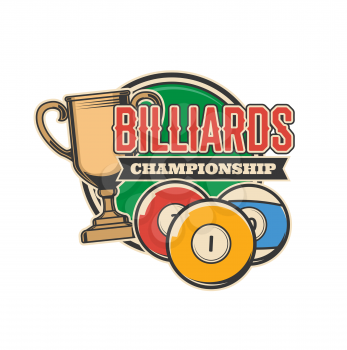 Billiards championship vector icon with billiards, pool or snooker sport balls, gold trophy or winner cup. Billiard player equipment and golden award isolated badge of sporting competition tournament