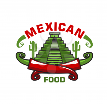 Mexican cuisine food icon with Aztecs or Maya ancient pyramid, cactus plant and crossed hot chili peppers. Mexican restaurant vector emblem or icon with Mesoamerican culture symbols