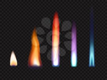 Fire flames of gas and zinc, potassium, strontium and sodium, realistic vector. Burning fire flames of natural gas or chemical elements with light glow or energy blaze effect isolated on transparent