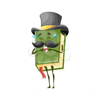 Happy book character LOL emoticon laughing out loud isolated male textbook with mustaches, gentleman hat, with bookworm standing on legs. Vector book in hardcover with expression of happiness