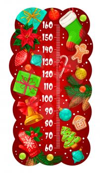 Christmas kids height chart with gifts, poinsettia and holly berry, pine tree and Xmas balls, vector. Kids growth meter or baby tall scale with Christmas holiday decorations and winter ornaments