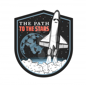 Space launch icon, shuttle take off to explore galaxy vector retro emblem. Rocket, winged missile leaving the Earth. Cosmos research, galaxy exploration investigation mission vintage shield label