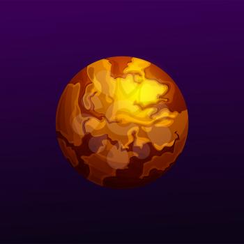 Fantasy planet in magma, fire or lava outer space yellow planet ui game design element isolated. Vector galaxy exoplanet, place in outer space atmosphere. Celestial object, far star alien world, globe