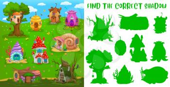 Find correct shadow, fairy house, kids game riddle or tabletop puzzle, vector. Shadow match board game with silhouettes of cartoon homes of dwarf or gnome in acorn, flower, seashell and mushroom