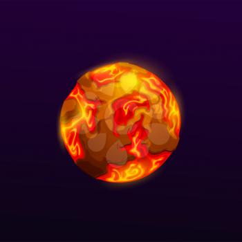 Cartoon space planet with lava and fire oceans. Proto-Earth, far galaxy solar system planet or game UI icon asteroid, alien world with volcanic activity on surface, molten rocks and hot lava flows