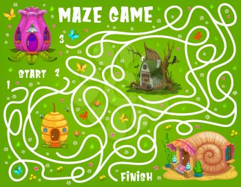 Kids labyrinth maze, cartoon flower bud, beehive, seashell and witch house, vector tabletop riddle. Kids board game or find way labyrinth puzzle with dwarf, gnome or fairy elf home of seashell