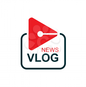 Vlog icon. TV broadcast and live stream service, social network graphic vector, emblem or simple label. Online video blog or news channel icon with video player red play button