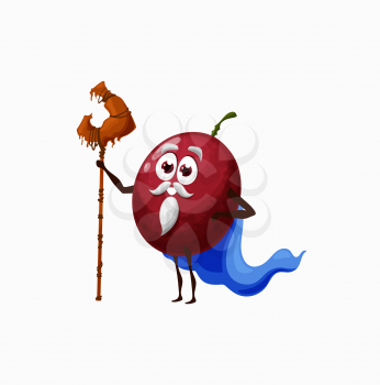 Plum or maracuya wizard with magic crook in cape isolated exotic fruit cartoon character. Vector funny berry with beard mustaches on face, smiling fairy sorcerer, kids children food, magician emoticon