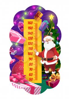 Christmas kids height chart, cartoon Santa with holiday tree growth meter. Vector wall sticker for children height measurement with funny xmas character with gifts, ruler scale and festive decor