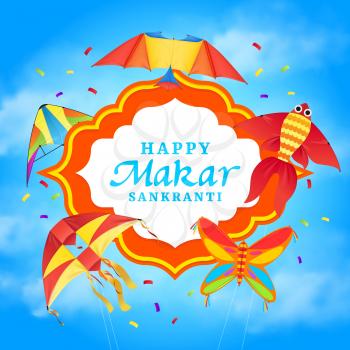 Makar Sankranti holiday vector banner with kites of Indian religion festival. Colorful paper toys flying in sky with festive confetti, butterfly, bird and fish kites of Hindu religious celebration