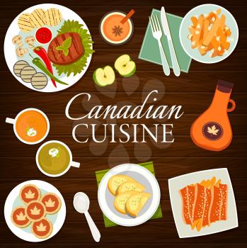 Canadian cuisine meat meals menu cover. Grilled ribeye steak, french fries with gravy poutine, maple syrup, broccoli and pumpkin soup with Cheddar Crostini, Canadian bacon, maple leaf cookies vector
