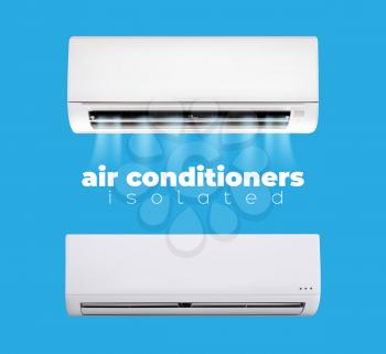Air conditioner. Climate control, cooling and ventilation technology, cold wind flow. Vector home conditioning system device for maintaining comfortable temperature. Isolated realistic 3d conditioner