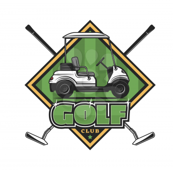 Golf sport club vector icon with crossed golf player clubs, wedges or putters and cart on course of green grass field. Sporting competition tournament, outdoor recreation symbol with golfer equipment