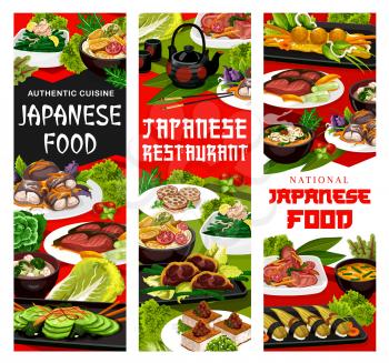 Japanese cuisine meals vector banners. Traditional dishes, restaurant menu. Japanese sushi nigiri, seafood shrimp balls, noodles soup with vegetable mix gomoku somen, meat and tofu steak