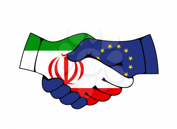 European Union and Iran partnership, vector handshake with flags. Iranian and European Union countries agreements, trade, economics cooperation, diplomacy and politics relationship