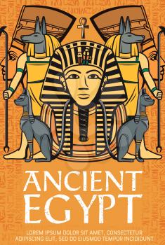 Ancient Egypt pharaohs, gods, deity and sacred animals, vector vintage poster. Tutankhamen or Tutankhamun pharaoh with Nefertiti, Ancient Egypt Anubis god, Egyptian hieroglyphs and sacred cat deity