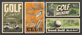 Golf club, sport activity and leisure, vector vintage retro posters. Weekend golf sport training on green field course, golfer equipment balls and clubs kit in golf cart