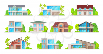 House building vector icons of real estate cottages, residential homes and bungalows, town or village townhouses, villas or mansions. Exterior front view of houses with doors, windows and trees