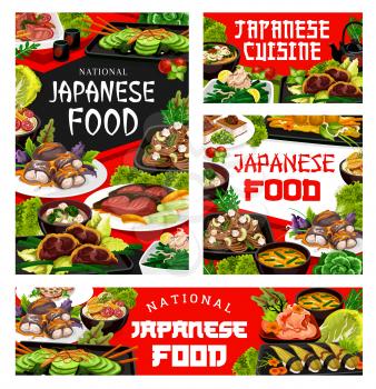 Japanese cuisine pickled ginger with otsu salad, tofu soup, wakame udon noodles, seafood shrimp balls, horenzo no ochitasi. Japanese national restaurant menu vector covers and banners