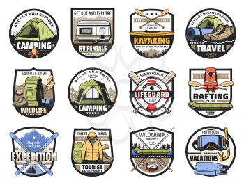 Camping and hiking sport tourism and outdoor adventure travel equipment vector icons. River rafting, kayaking and scuba diving club, skiing, mountain expedition and fishing, summer and winter tourism