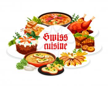 Swiss food cuisine vector gingerbread leckerli, duck with orange, bread and carrot cake. Swiss pearl barley and cheese soup, perch fillet restaurant menu dishes meat and desserts round frame, poster