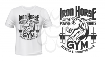 Horse stallion mustang. Vector mascot for gym, fitness club with mare animal, barbell and monochrome horse coat of arms on white apparel mockup. Sport team t-shirt template or heraldic symbol