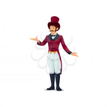 Big top tent circus entertainer, performer character in top hat and vintage tailcoat costume. Cartoon vector man circus fanfair carnival entertainer or announcer, showman in retro suit. Isolated