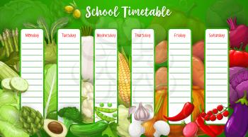 School timetable with farm vegetables. Cartoon vector week schedule template with squash, artichoke and cauliflower, green pea, corn and avocado. Time table with veggies tomato, eggplant and beet