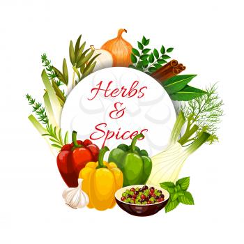 Herbs and spices with vector food seasonings and vegetable condiments. Green basil, pepper and rosemary, thyme, dill, garlic and bell peppers, bay leaf, onion, cinnamon and fennel, onion, cardamom