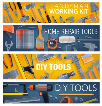 Construction and DIY tools, vector banners. Painting roller brush, adjustable wrench and pliers, trowel and file, tile cutter, hammer and sledgehammer, spanner and measuring tape. DIY tools