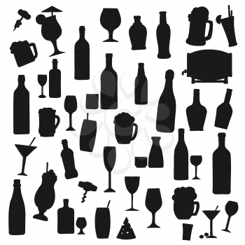 Drinks black vector silhouettes. Alcohol and soft beverages bottles and cocktail glasses, fruit juice, sake and martini with drinking straw. Smoothie and milkshake, beer barrel, champagne or wine set