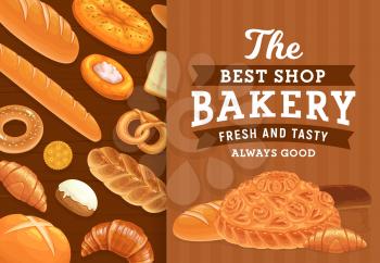 Bakery, pastry and bread vector poster. Bakery shop products. Wheat bread loaf, flatbread and baguette, sweet bagel with sesame, bun with icing, pretzel and croissant, challah with poppy seeds