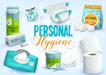 Personal hygiene products vector design of toilet paper rolls, cleansing towel or wet wipes, cotton wool balls, pads and swabs, dental floss, tampons and diaper. Bathroom accessories, sanitary items
