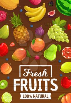Natural ripe fruits. Vector grape and figs, pineapple and mango, peach and banana, pomegranate and pear. Cartoon watermelon and lime, kiwi and blackberry, lemon and orange fresh fruits and berries