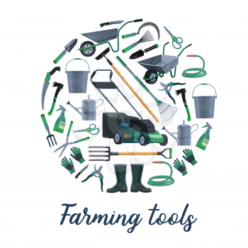 Farming and gardening tools vector set. Lawnmover and wheelbarrow, bucket and watering can, hoe and leaf rake, averruncator and trimming scissors, rubber boots and gloves. Gardening tools round banner