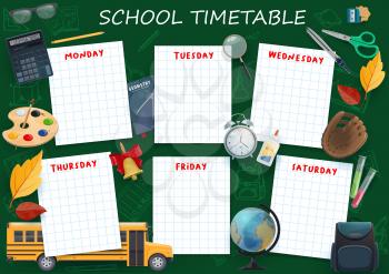 School timetable, vector. Student week classes organizer with textbook, yellow bus and bell, globe and alarm clock, leaves and sketch on chalkboard. School timetable education schedule template