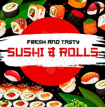 Sushi rolls meals with maki and nigiri sushi. Vector. Philadelphia and California rolls, nigiri and gunkan, hokkigai and oshi with salmon roe, raw tuna and seaweed seafood. Sushi bar banner