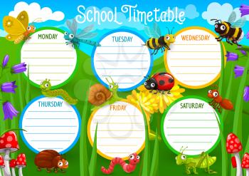 School timetable with insects on meadow vector. Weekly schedule, timetable with butterfly and dragonfly, bee and bumblebee, ant, bug and caterpillar, earthworm, snail and ladybug cartoon character