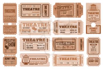 Theatre retro tickets, theater admits templates. Vector coupons performance access with date, time, seat and row number, price and separation line. Vintage paper cards set for entertainment entry