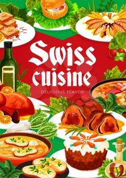 Swiss cuisine. Restaurant meat dishes and pastry desserts, vector. Perch fillet of lehmanenry, gingerbread leckerli and chicken in dough, carrot cake, duck with orange and pearl barley soup