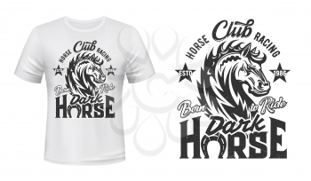 Equestrian sport t-shirt print with steed stallion, horse racing vector mascot. Stallion monochrome animal and grunge lettering with horseshoe on white apparel. Horseback riding sport