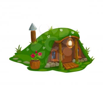 Fairy house of dwarf gnome, elf home cartoon icon, vector isolated. Fairy tale dwarf gnome house in ground, hut with wooden door and chimney, lamp at entrance and flowers in flowerpot