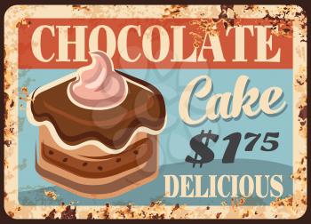 Chocolate cake rusty metal plate. Cupcake with chocolate icing and whipped cream swirl, confectionery product, sweet dessert vector. Cafe or pastry shop retro banner, price sign with rust texture